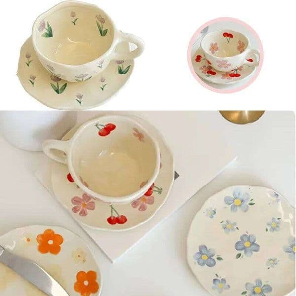 Flower Pattern Ceramic Korean Style Saucer Set Hand Pinched Irregular Coffee Milk Cup Afternoon Tea Tableware Gifts for Home 26W0211