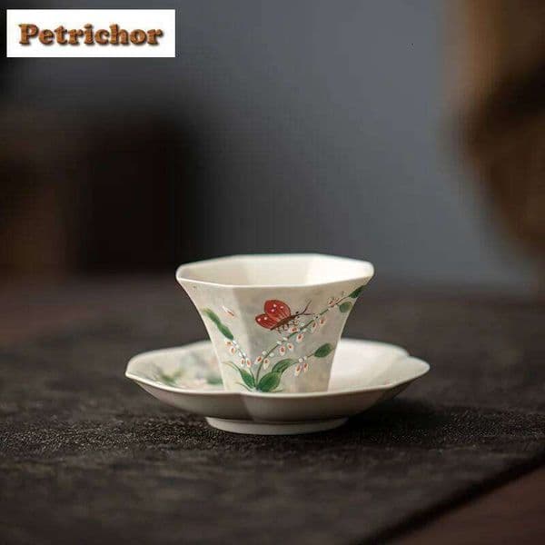 45ml Hand Drawn Orchid Butterfly Octagonal Teacup Tea Bowl With Coaster Meditation Cup Saucer Kit Jianzhan Master Cups Tableware 26W0211