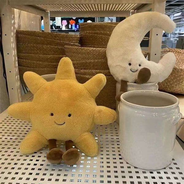 Adorable Smile Face White Moon Yellow Sun Plushie Stuffed Cute Cartoon Weather Plush Toy for Kid Bedroom Decor Sofa Throw Pillow 26W0211