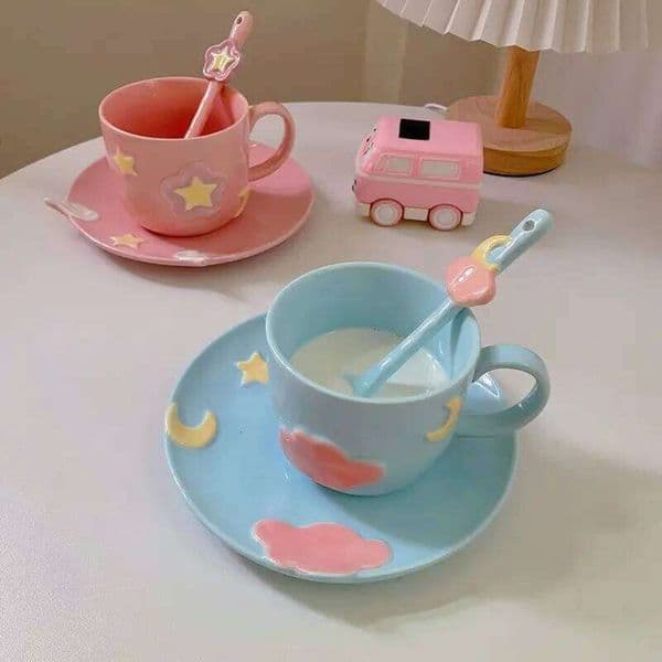Creative Hand Painted Embossed Starmoon Cool Coffee Cup Saucer and Spoons Ceramic Tea Cups Set Unique Gift for Her 26W0211