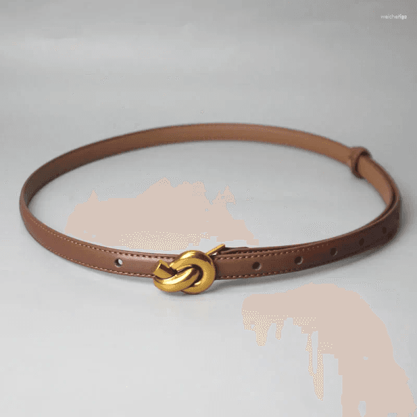 Belts Women Genuine Leather Belt Gold Knot Buckle Waistband Thin For Dress Jeans