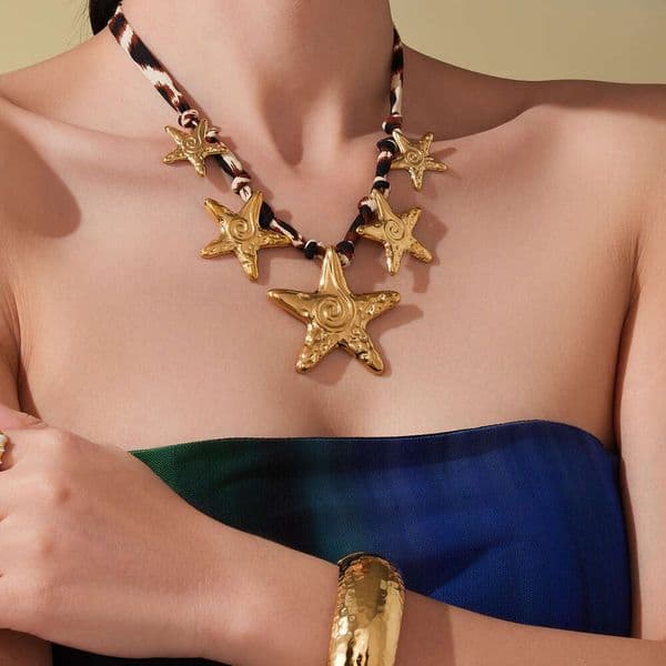 Fashionable Design Leopard Print Velvet Scarf Stainless Steel Starfish Shell Imitation Pearl Island Women's Necklace