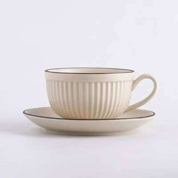 275ml Creamy Ceramic Coffee Mug with Saucer, Textured Ribbed Design for Espresso & Latte, Scratch Resistant, Lead Free 26W0211