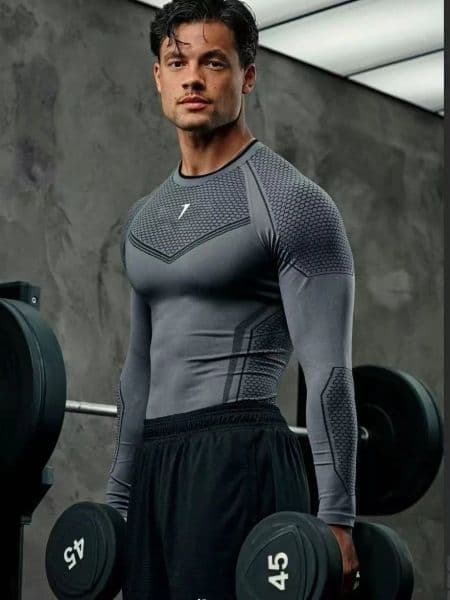 Men's Long Sleeve T Shirts Fitness Sport Training Slim Fit Elastic Round Neck Printed Tops