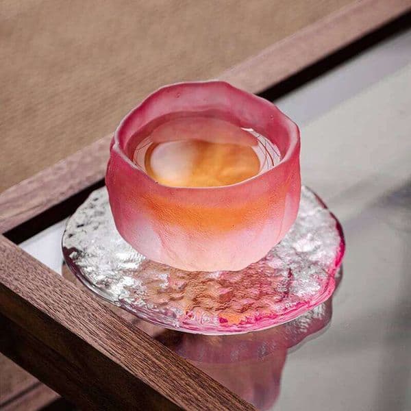 60ml Japanese Pink Blue Green Glass Saucer Sets Women's China-Chic Style Sake Hostess Crystal Glaze Tea Cup Dish Set 26W0211