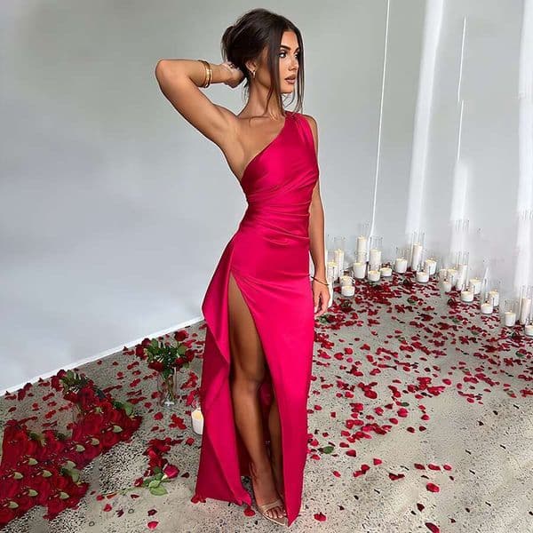 New Summer Design on Amazon: Elegant, Sexy, Slim-Fit, One-Shoulder, Slit Satin Dress for Women