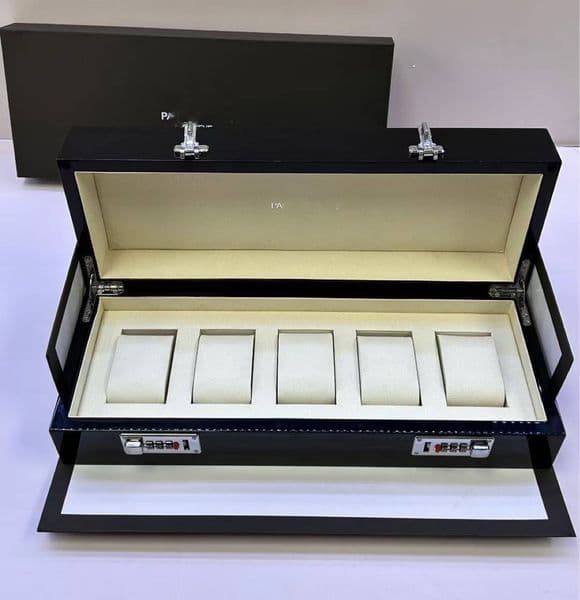 Luxury Black Watch Storage Box - Premium Wood Presentation Case with Combination Lock 5-Slot Display Full Brand Packaging