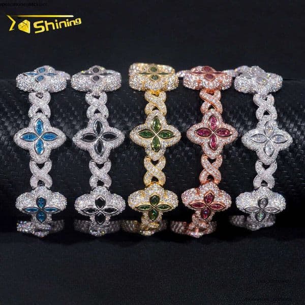 New Stocks Pass Diamond Tester Silver 925 Gold Plated Hip Hop Jewelry Custom Colored Moissanite Clover Cuban Bracelet
