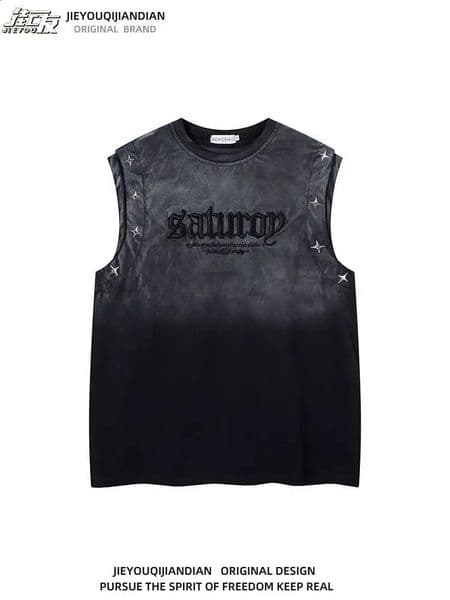 Vintage Gradient Studded Vest for Unisex Hiphop Style Letter Embroidery Loose Cotton Casual Sleeveless Top 260206BJ