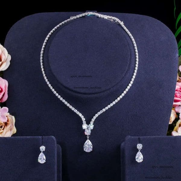 Choucong Original Wedding Jewelry Sets Luxury 18k White Gold Fill Water Drop 5A Cubic Zircon CZ Diamond Party Women Stud Earrings Bridal Tennis Necklace Gift thumbnail 2