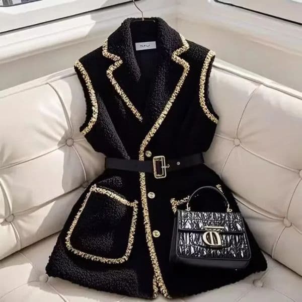 Elegant Women Black Lambhair Vest Coat Bright Silk Edging with Belt Sleeveless Blazers Spring Winter Outerwear 251226