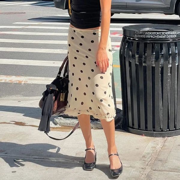 Womens Retro Polka Dot Black Fungus Edge Half Skirt Street Style Contrasting Color Versatile MidWaist ALine Long 260126BJ