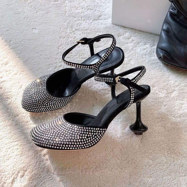 Top quality real Leather crystal embellished ankle-strap pumps square toe high heels shoes wedding shoes Elegant ladies Luxury designer heels evening shoes womens