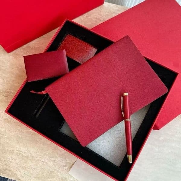 Red Leather Notebook Set Signature Pen and Notebook Two-piece Set with Gift Box Luxury Souvenir Notebook Diary Party Gift
