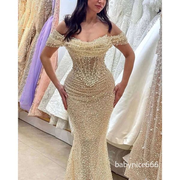 Elegant Long Evening Dresses Luxury Mermaid Off the Shoulder Pearls Beaded Wedding Party Gala Prom Gown for Special Occasions