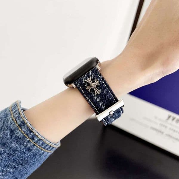 iWatch Band For Women Men Cross Charm Denim Leather Watch Band, Stylish Strap Compatible with Apple Watch Series 1-10 Ultra SE