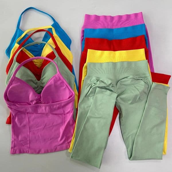 Dfynes 2 Pieces Gym Set Women Seamless Longline Strappy Tank Top High Waist Leggings Fitness Yoga Clothing Active Wear 0212