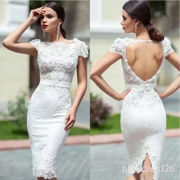 Sheath Dresses Short Lace Applique Cap Sleeves Beaded Backless Beach Wedding Dress Bridal Gowns vestidos de novia