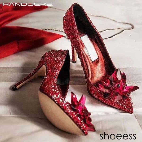 Red Crystal Covered Pointy Toe designer shoes Pumps Rhie Cinderella Heels Wedding Bridal Stiletto Heel Women Shoes
