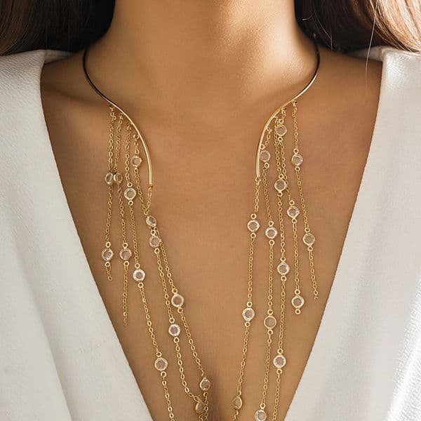 Sexy Goth Long Tassel Star Crystal Sequin Pendant Open Torques Choker Necklace for Women Vintage Chest Chain Wed Accessories 260202