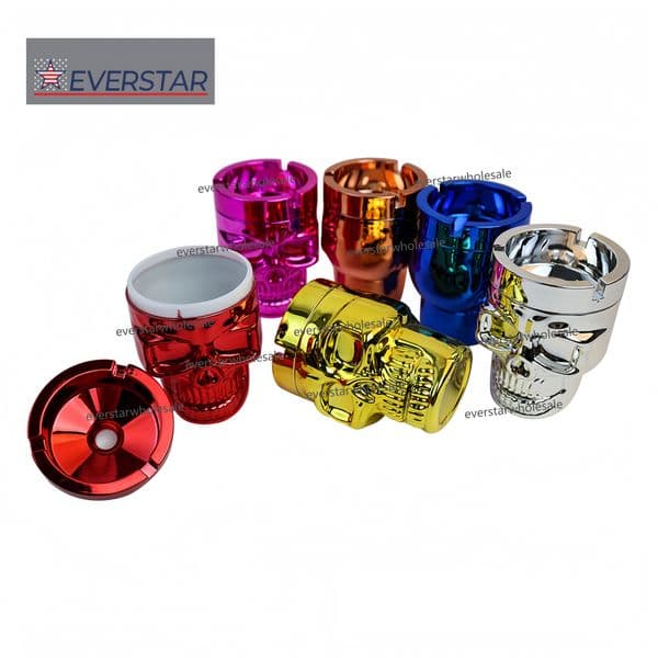 Colorful Electroplated Skull Head Ashtray Plastic with Lid-12pcs/Display