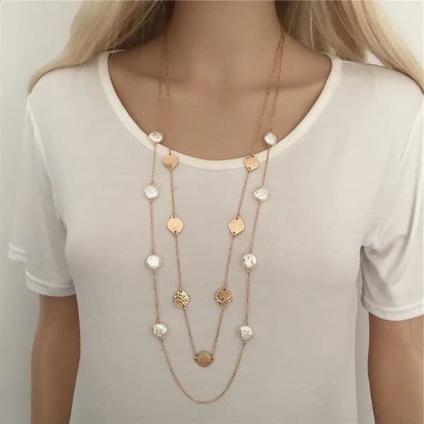 Vintage Metal Design Chain Pendant Pearl Sweater Necklace Fashion Wedding Engagement Charm Jewelry Wholesale 260202