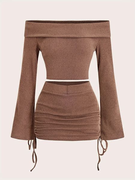 Womens 2Piece OffShoulder Ribbed Set Long Sleeve Crop Top Ruched Mini Skirt Outfit for FallWinter 250203BJ