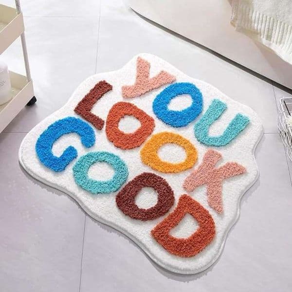 Funny Quote Bath Mat Irregular Shape Faux Cashmere Area Rug Non-Slip You Look Good Floor Mat for Bedroom Living Room Bathroom