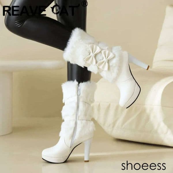 REAVE CAT designer shoes Sweet Women Mid Calf Boots Round Toe High Heels 10Cm Platform 2Cm Zipper Bowknot Big Size 42 43 Winter Warm Snow Bota