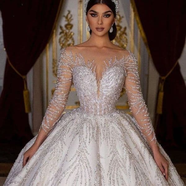 Stunning Princess A Line Wedding Dresses For Women Long Sleeves Luxury Turkish Bridal Gowns Backless Sequin Vestido De Noiva Civil 4F13