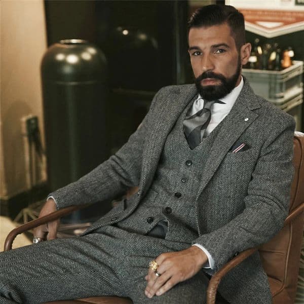 Gray Wool Tweed Winter Suit for Men Herringbone Slim Fit Formal Groom Tuxedo 3 Piece Wedding Male Suits JacketVestPants 260130BJ
