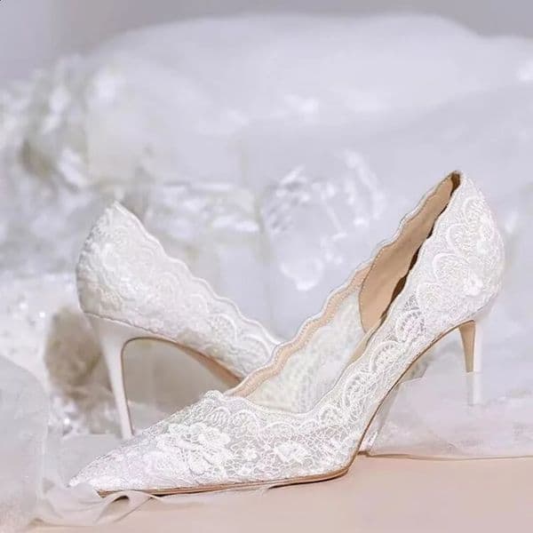 White Wedding Shoes Bridal Shoes Sense Niche Lace Pointed Stiletto Heel Shallow French High Heels Female Temperament 260202