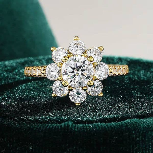 SPJ Sunflower Ring for Women S925 Sterling Silver 18K Gold Plated Round Cubic Zirconia Elegant Jewelry