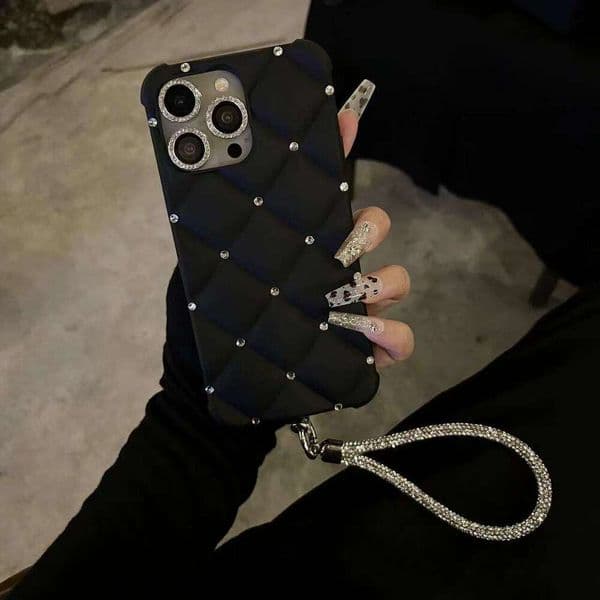 Quilted Phone Case 17 Pro Max with Rhinestone Decor and Sparkly Wrist Strap Shockproof Protective Cover Compatible with iPhone 16 Pro 15 Pro Max 14