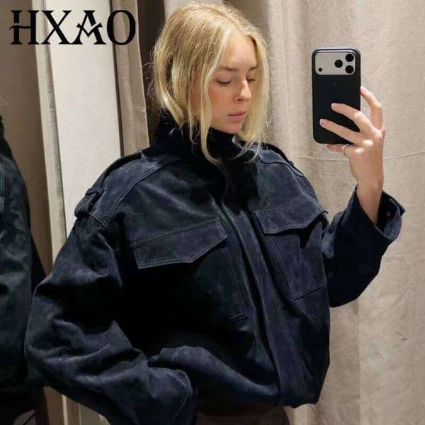 HXAO New Arrival Suede Women's Jackets Autumn Darkgrey Khaki Bomber Jacket Chic Zip Up Long Sleeve Coat Fashion Outerwear 26W0212