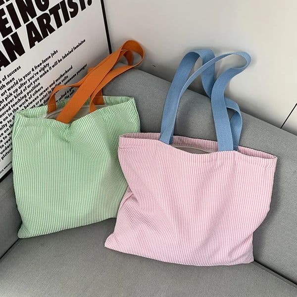 Stripe Contrast Color Womens Canvas Shoulder Bag Large Capacity CollegeBook Tote Zipper Handbags Simple Commuter Shopping Bag 260130BJ