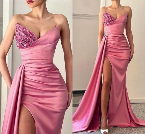 Pink Sexy Mermaid Prom Dresses Long for Black Women Special Occasions Sweetheart Beaded Crystals Side Split Formal Evening Party Second Reception Gowns F14