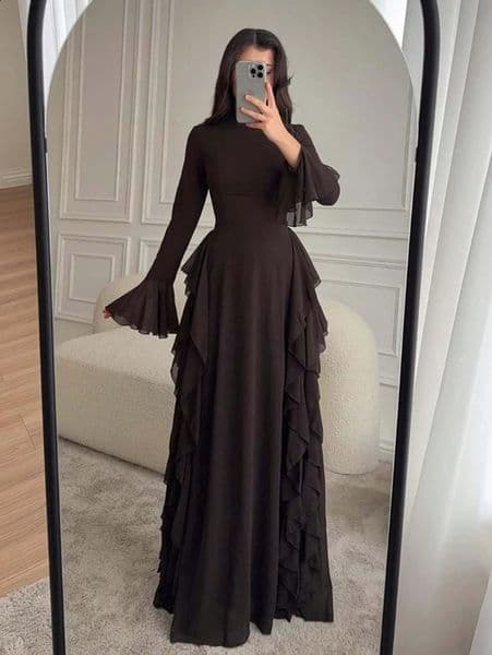 2025 European and American Womens Elegant Casual HighWaisted SolidColour BellSleeve Dress Long with Sleeves 260209