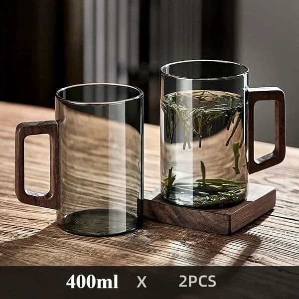 1/2pcs 400ml Large Capacity Heat-Resistant Glass Cup with Walnut Handle for Household Office Tea Making And Drinking Mug 260203