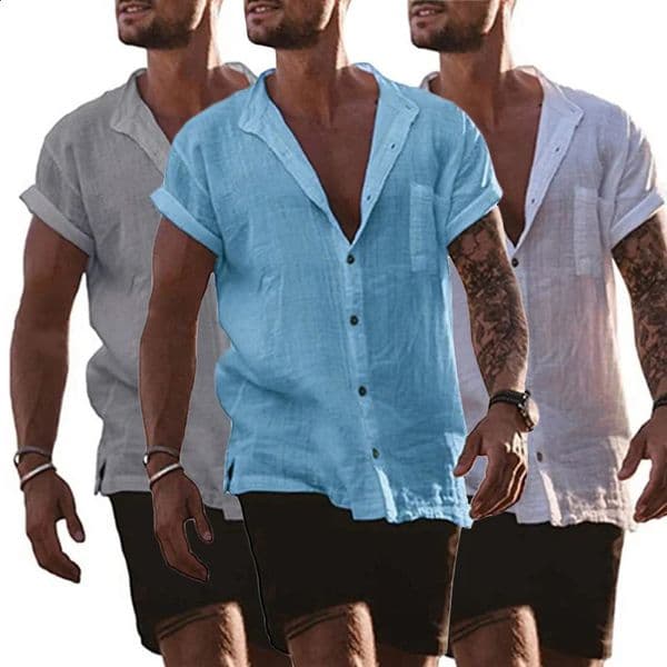 Cotton Linen Mens Short-Sleeved Shirts Summer Solid Color Stand-Up Collar Casual Beach Style Plus Size 260208