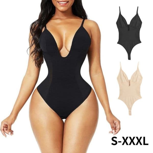 European And American Women's Plus Size Shaping Deep V Backless Waist-Cinching Bodysuit Butt-Lifting Shaping Thong Bodysuit