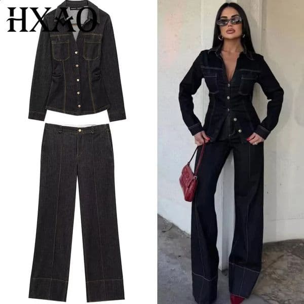 HXAO Black Denim Pant Sets Womens Two Pieces Set Slim Long Sleeve Shirt 2 Piece Sets Woman Outfit High Waist Flare Trousers Set 260118
