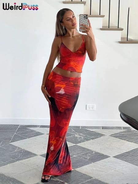Weird Puss Tie-Dye Print 2 Piece Set Women Summer Y2K Fashion Hipster Elegant V-Neck CamisoleMaxi Skirts Matching Streetwear 260208