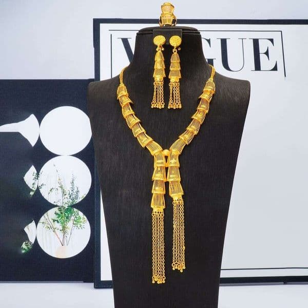 Designer jewelry 3Pcs Cross-Border Middle East 24K Gold Plated Fish Tail Hollow Necklace Ring Earring Set Dubai Bride Wedding Jewelry