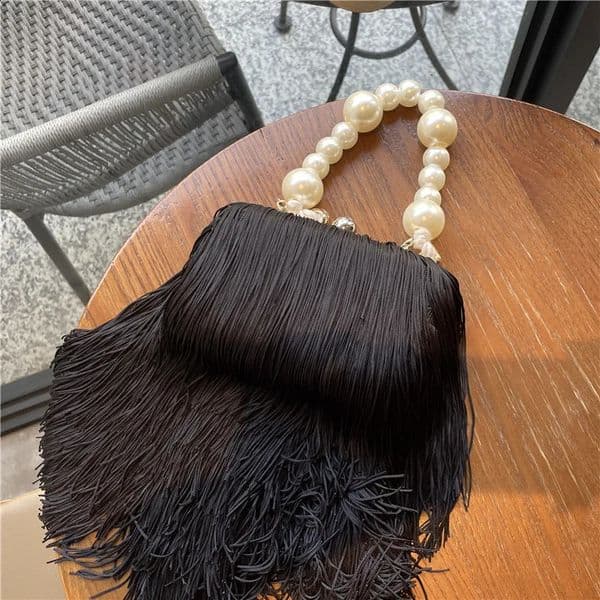 Tassel Small Square Bags Female Pearl Chain Handbag Dinner Bag High Quality Long Clutch Black Evening handbag 260208BJ