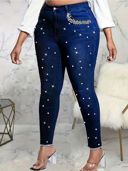 Mid-waist fashionable sequin and diamond embroidered with deep blue denim pencil pants ladies skinny jeans suitable for all s 260122