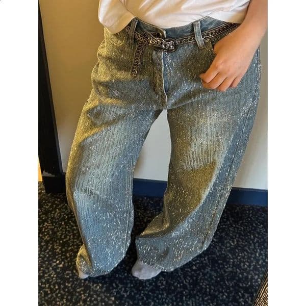 Glitter Rhinestone Baggy Jeans Women Summer Vintage Wash High Waist Straight Wide Leg Pants Nightclub Festival Y2k Clothes 260122