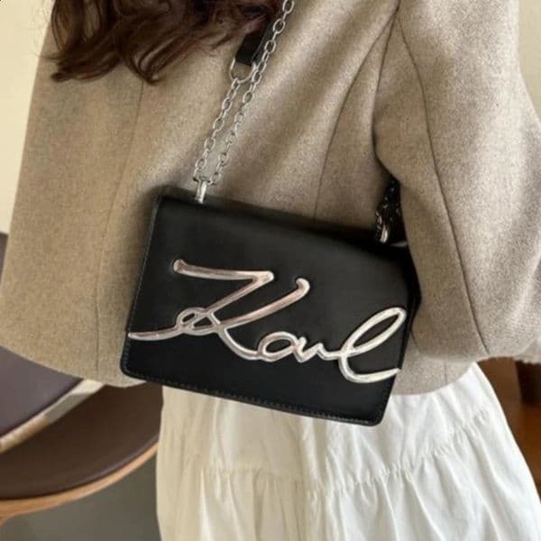 Fashionable Crossbody Bag Solid Color Shoulder Metal Letter ChainLink Strap Featuring Magnetic Button for Daily Use 260208