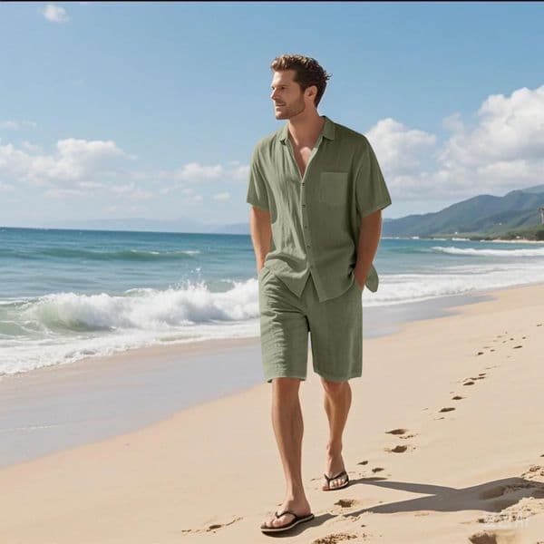 summer mens retro cotton and linen shirt set fashionable lapel button beach short-sleeved shirt and shorts two-piece set 260122