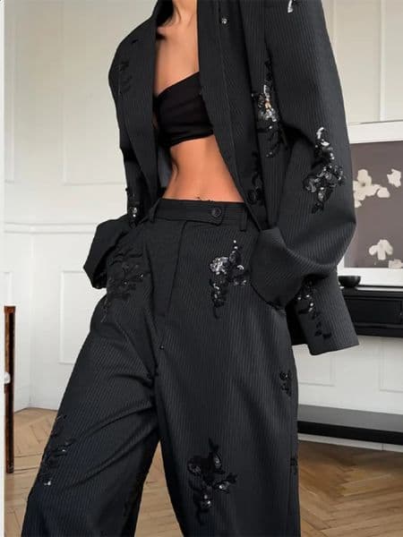 Black Sequin Embroidery Blazer 2 Piece Set Women Casual Full Sleeve Lapel V-neck Coat Wide Leg Pants Suit Lady Spring Ouewear 260118